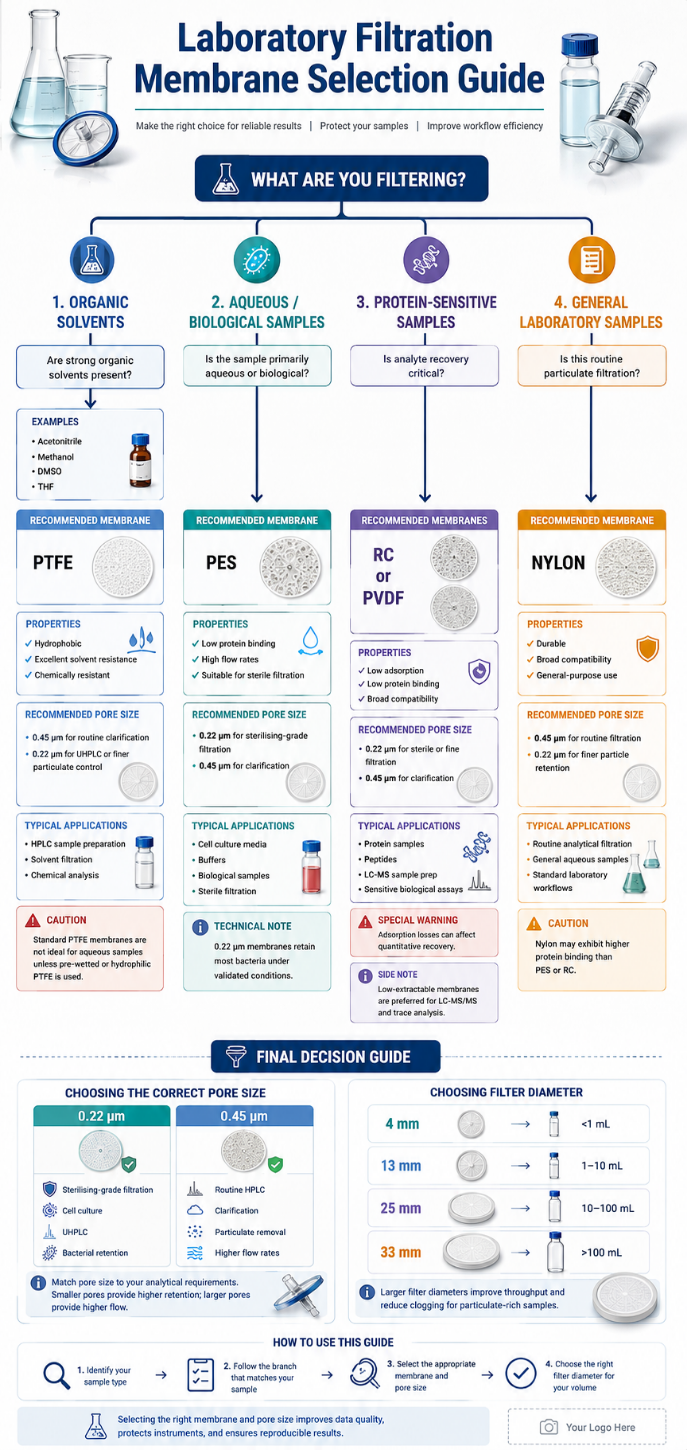 Professional scientific infographic titled “Laboratory Filtration Membrane Selection Guide” showing a vertical decision-tree flowchart for selecting syringe filter membranes in laboratory applications. The infographic begins with the question “What Are You Filtering?” and branches into four colour-coded categories: Organic Solvents, Aqueous/Biological Samples, Protein-Sensitive Samples, and General Laboratory Samples. Each branch includes recommended membrane types such as PTFE, PES, RC/PVDF, and Nylon, with pore size guidance (0.22 µm and 0.45 µm), application examples, membrane properties, and technical cautions. Scientific icons including syringe filters, chromatography vials, membrane textures, laboratory glassware, and directional filtration arrows appear throughout. The lower section includes comparison charts for pore size selection and filter diameter selection with sample volume ranges. The design uses a clean white and light-grey laboratory aesthetic with blue, teal, grey, and orange accent colours, modern vector-style graphics, and a professional educational layout suitable for analytical chemistry, microbiology, life science, and QC laboratory audiences.